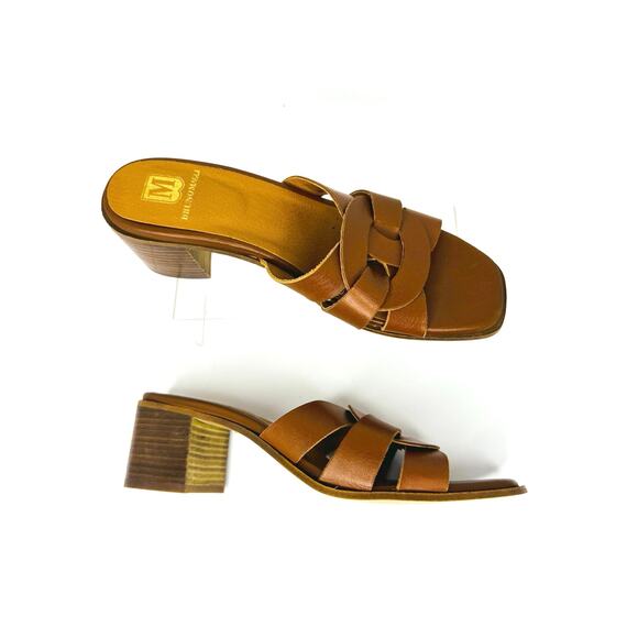 Bruno Magli Retro Classic Leather in Rich Cognac  Block Heel Slide Sandals 40 - Picture 3 of 9